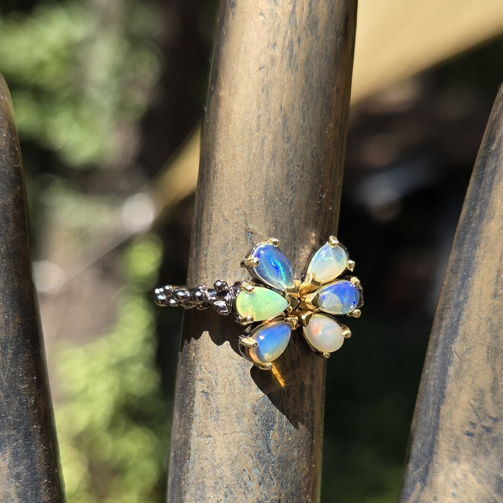 Opal Natural Sterling Rhodium & Gold Flower Ring Sz5.5 - Picture 6 of 9